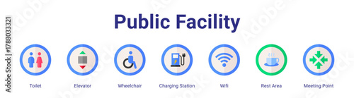 Public Facility web icon vector illustration concept with icon of Toilet,Elevator,Wheelchair,Charging Station,Wifi,Rest Area,Meeting Point.