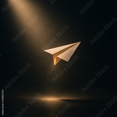 Golden Paper Airplane Under Spotlight – Symbol of Creativity, Freedom, and Ambition