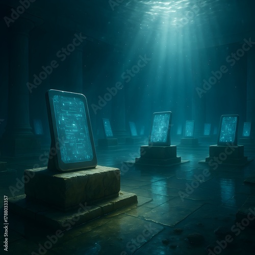 Futuristic Digital Tablets in Submerged Ancient Temple – Concept of Lost Technology and Ancient Knowledge
