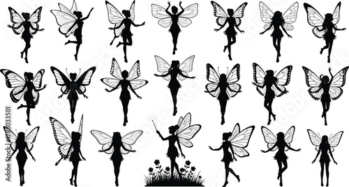 Whimsical Fairy Silhouettes in Flight and Dance with Magical Wings, Nature Elements, and Enchanted Poses on White Background