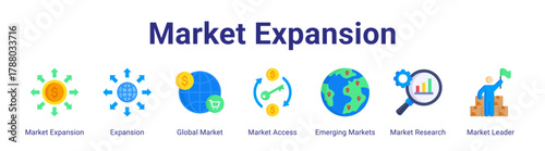 Market Expansion web icon vector illustration concept with icon of Market Expansion,Expansion,Global Market,Market Access,Emerging Markets,Market Research,Market Leader.