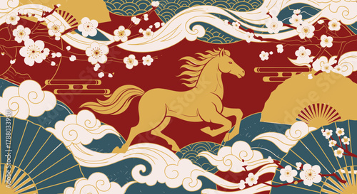 Chinese New Year Celebration Golden Horse, Festival of Spring, Lunar New Year Traditions and Red Decorations