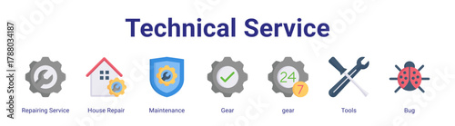 Technical Service web icon vector illustration concept with icon of Repairing Service,House Repair,Maintenance,Gear,gear,Tools,Bug.