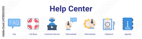 Help Center web icon vector illustration concept with icon of Faq,Life Buoy,Customer Service,Telemarketer,Telemarketer,Clipboard,Agenda.