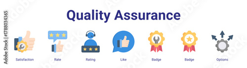 Quality Assurance web icon vector illustration concept with icon of Satisfaction,Rate,Rating,Like,Badge,Badge,Options.