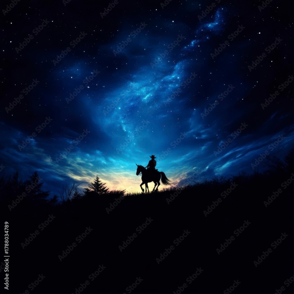 Fototapeta premium A serene silhouette of a rider on a horse against a cosmic night sky, showcasing the beauty of nature and adventure.