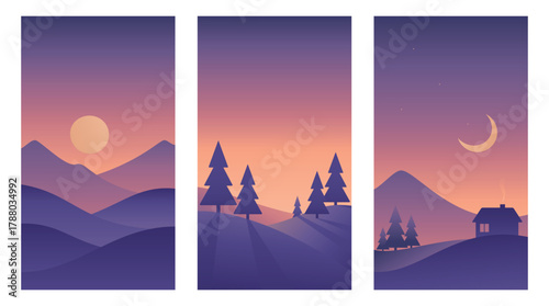 Minimalistic winter landscapes of dawn or sunset in Scandinavian style. Gradient vector design in purple colors. Hand drawn original illustrations for Christmas cards