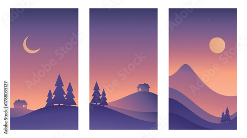 Minimalistic winter landscape illustrations of dawn or sunset in Scandinavian style. Hand drawn original gradient vector design in purple colors