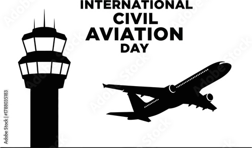 Celebrate International Civil Aviation Day with a powerful silhouette of an airplane taking flight next to an iconic air traffic control tower, symbolizing global travel and connection.