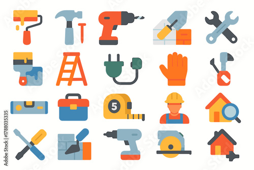 Flat Construction Tools and Worker Icons — Home Repair, Building Equipment and Maintenance Set