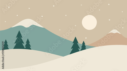 Minimalistic winter landscape in Scandinavian style. Mountains vector art. Hand drawn original illustration for Christmas cards.