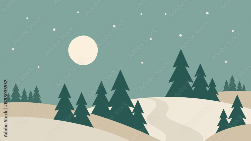 Naklejka premium Minimalistic night winter landscape in Scandinavian style. Vector art of fir tree on the hill. Hand drawn original illustration for festive Christmas cards.