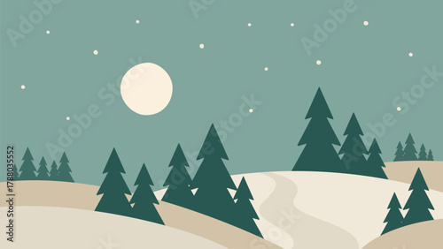 Minimalistic night winter landscape in Scandinavian style. Vector art of fir tree on the hill. Hand drawn original illustration for festive Christmas cards.