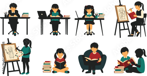Children learning vector, reading, writing, painting, drawing, creative activities, education scene, school kids, book lovers, classroom art, colorful illustration