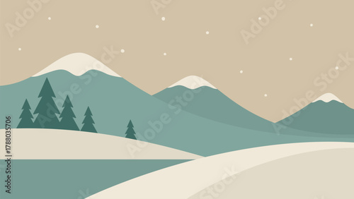 Minimalistic winter landscape in Scandinavian style. Vector art of snow-capped mountains and the lake. Hand drawn original illustration for Christmas cards.