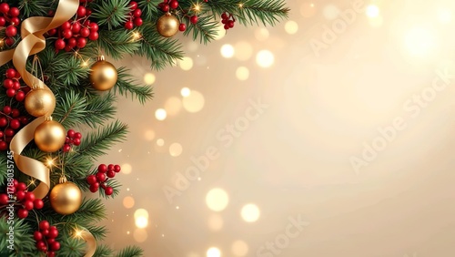 Luxurious Christmas garland border with pine branches and golden ornaments