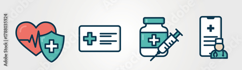 Healthcare icon set. Heart protection, therapy and medical symbols. Isolated vector color images. Hand drawn original illustrations.