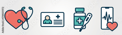 Healthcare icons. Heart disease treatment, therapy and medical symbols. Isolated vector color images. Hand drawn original illustrations.