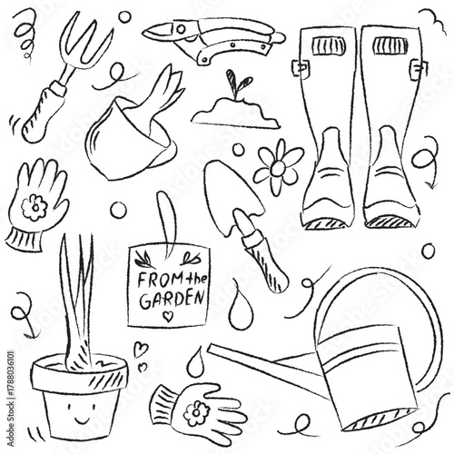Garden Tools Doodle Set – Hand Drawn Gardening Equipment Icons