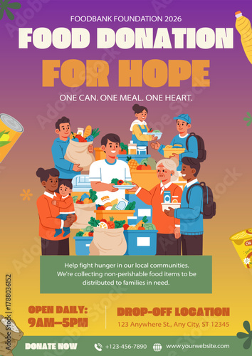 Food donation poster with people donating and receiving food.