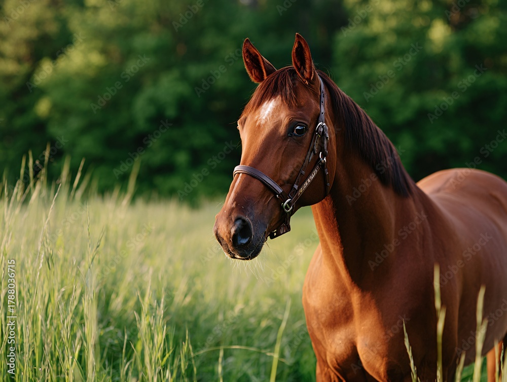 Fototapeta premium Majestic chestnut horse standing in sunlit green meadow