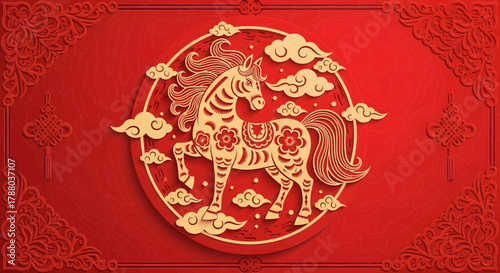 Chinese New Year Celebrations Traditional Lunar Festival with Spring Decorations and Elegant Horse Motif for a Prosperous Lunar Year