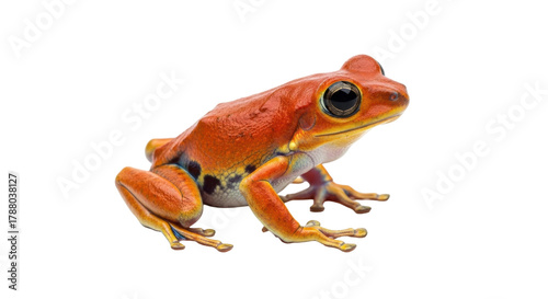 Isolated orange tree frog sitting still on flat surface, exotic amphibian for scientific study
