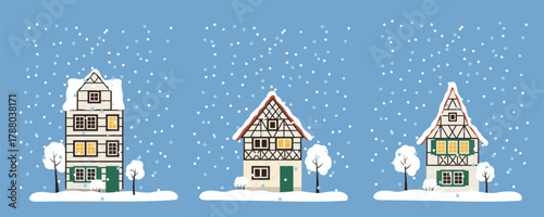 A set of German buildings covered with snow in winter for New Year and Christmas. Cozy European winter town and trees. Isolated vector illustration.