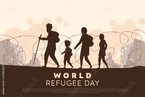 The image shadow depicts a refugee family (a man, a woman wearing a hijab, and a child) on a challenging journey of displacement. All are carrying backpacks and navigating an environment that suggests