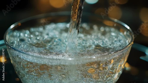 Refreshing Pour: Sparkling Water Fills Glass with Effervescent Delight and Gentle Bubbles, Liquid