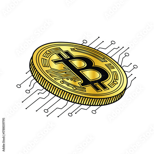 Gold Bitcoin Coin with Circuit Board Connections cryptocurrency