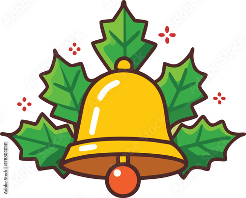 Golden bell and holly leaves realistic vector icon.