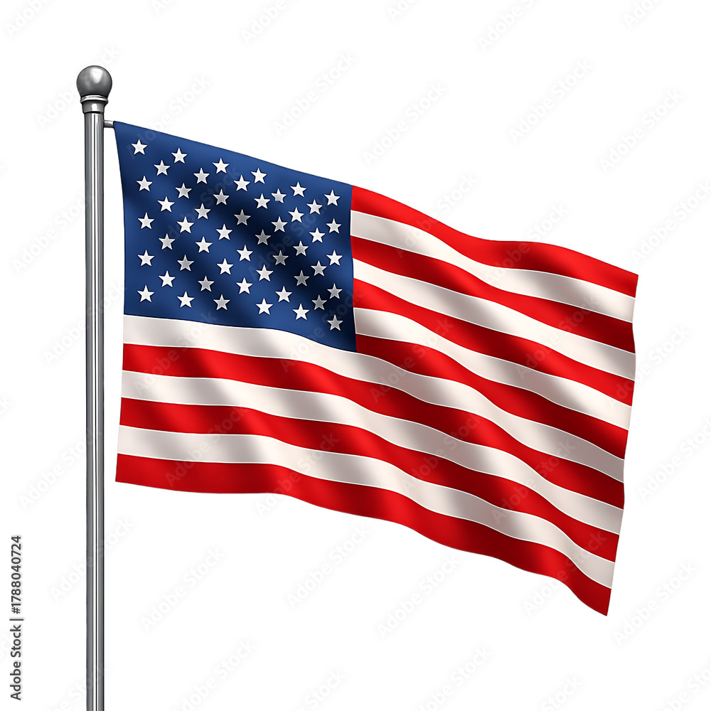 Fototapeta premium United states of america flag with wavy fabric texture on silver pole flying in wind against transparent background