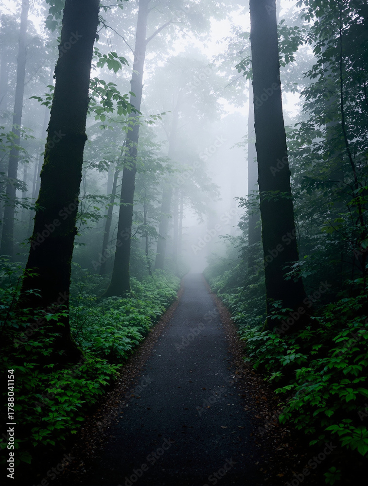 Obraz premium A Foggy Forest Path Lined With Lush Greenery and Tall Trees Creates a Serene and Mystical Atmosphere