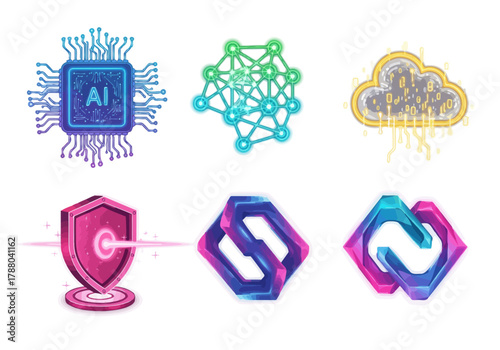 Artificial Intelligence, Cloud Computing, Cyber Security and Technology Icons Set for Digital Content