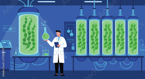 Algae Biomass Researcher Holding Flask in Laboratory with Vertical Bioreactors, Scientific Experiment, Biotechnology Research, Lab Equipment