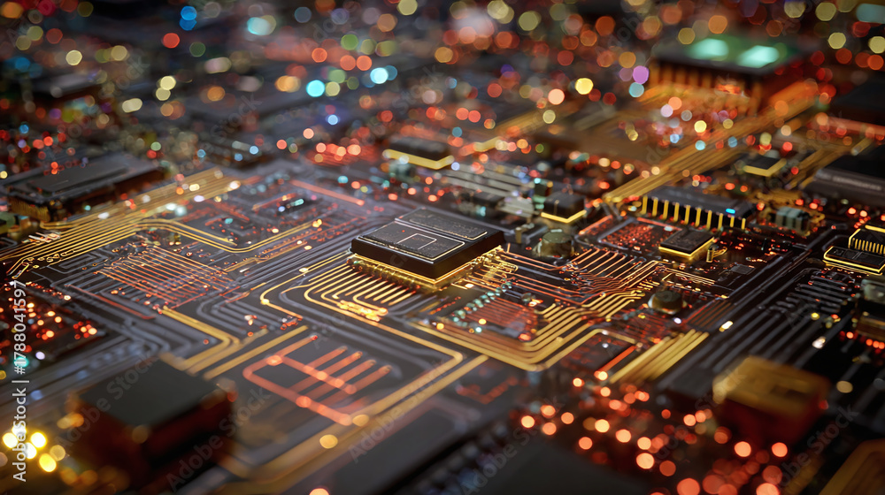 Obraz premium A detailed shot of a circuit board illuminated with vibrant lights