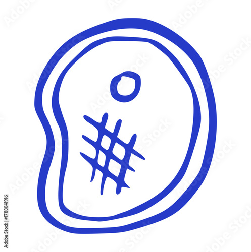 hand-drawn doodle illustration of a grilled steak with distinct grill marks. Barbecue meat and restaurant element in a simple blue line art style, perfect for menu