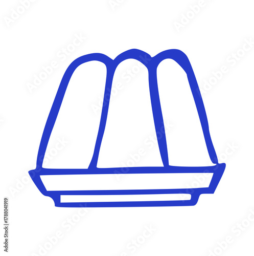 hand-drawn doodle illustration of a molded pudding, jelly, or jello on a plate. Sweet dessert element for a menu or party design in a simple blue line art style