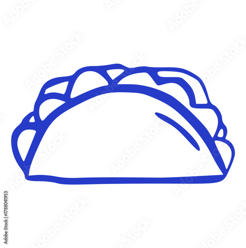 hand-drawn doodle illustration of a taco, empanada, or dumpling with filling. Mexican or street food element for a restaurant menu or sticker in a simple blue line art style.