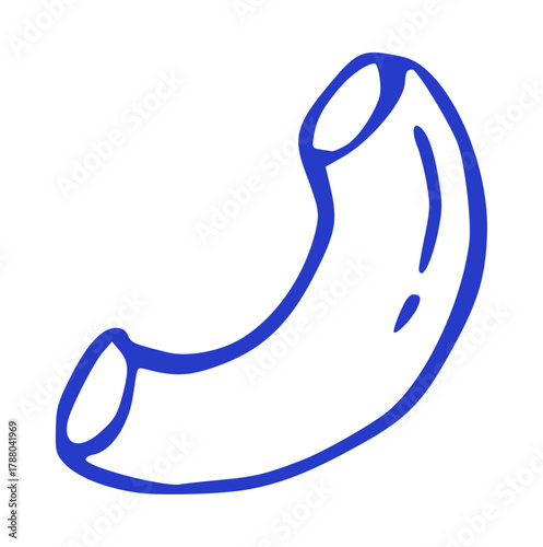 hand-drawn doodle illustration of a curved elbow macaroni pasta piece. Italian food element for cooking, menu, or restaurant design in a simple blue line art style