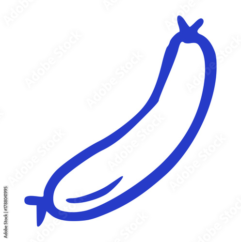 hand-drawn doodle illustration of a curved sausage or frankfurter. Meat product and barbecue element for grill party or food brand in a simple blue line art style