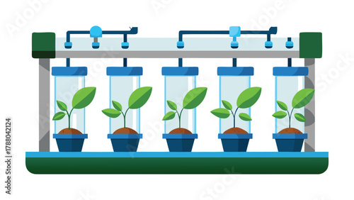 Hydroponic system with small plants growing in tubes, white background.