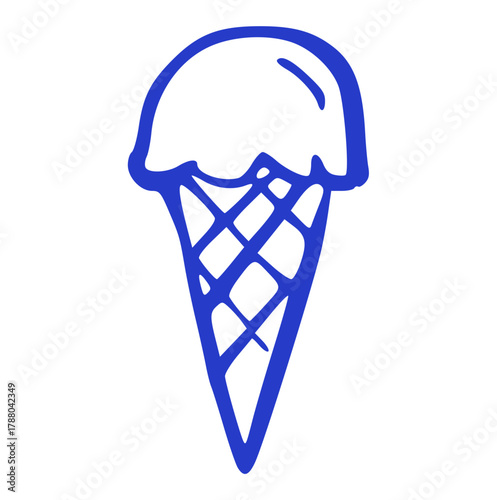 doodle of a single scoop of ice cream on a waffle cone in a hand drawn sketch style. Minimalist dessert element perfect for ice cream parlor logo, summer menu icon, or sweet treat theme