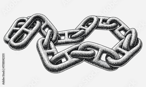 Artistic monochrome illustration of a strong, winding metal chain, with each link meticulously rendered to highlight its texture, connection, and industrial strength