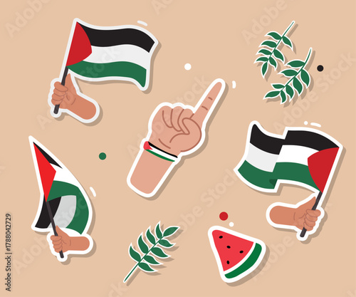 Palestine Solidarity Symbol Vector Set Watermelon, and Olive Branch Elements
