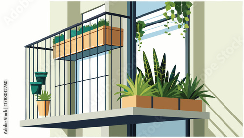 Modern balcony with vertical plant rack and greenery.