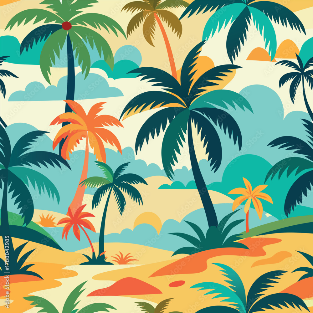 Obraz premium Tropical palm tree pattern with sunset colors and beach background.