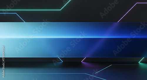 Abstract futuristic background with glowing neon lines and geometric shapes creating a modern tech atmosphere