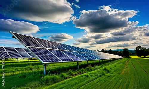 Solar panels gleam under a partly cloudy sky in a field of green grass generating clean renewable energy for a sustainable future landscape